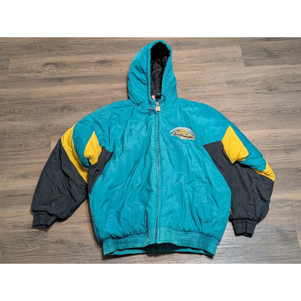Vintage Logo 7 Jacksonville Jaguars NFL Hooded Puffer Jacket Teal Mens XL READ